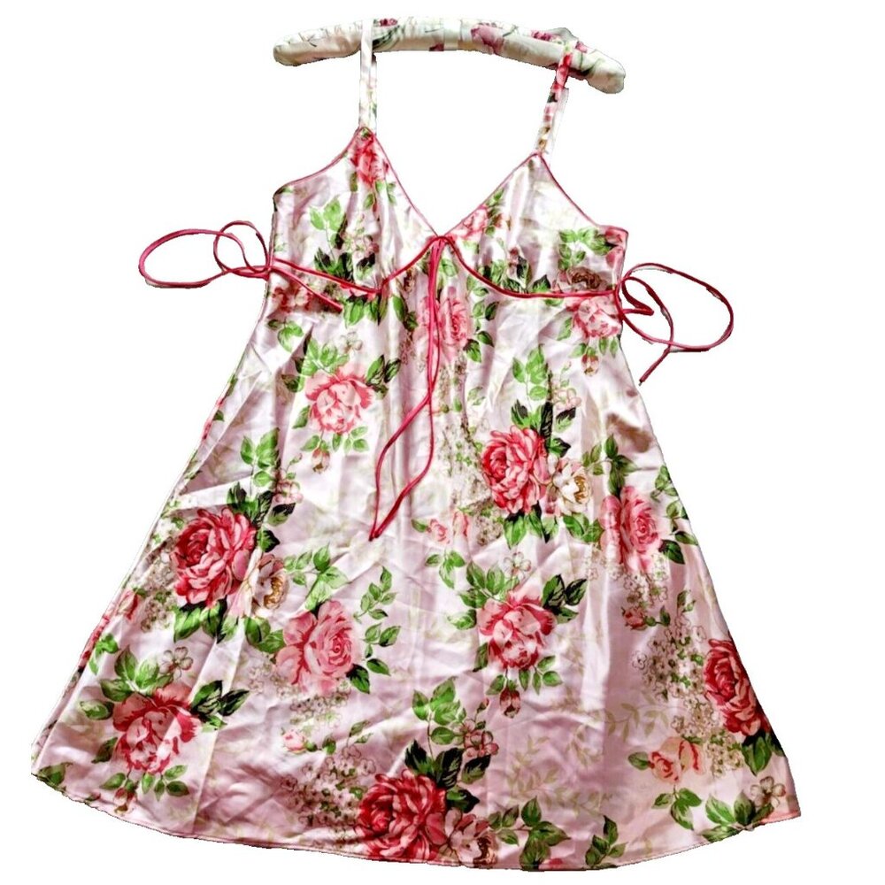 Vintage Adonna Pink Rose Floral Satin Babydoll Nightgown Large Nighty Slip Dress